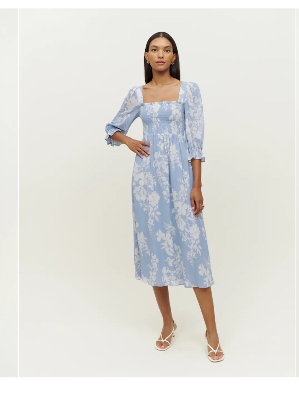 Reformation fable Powder Blue Floral Midi Dress NWT